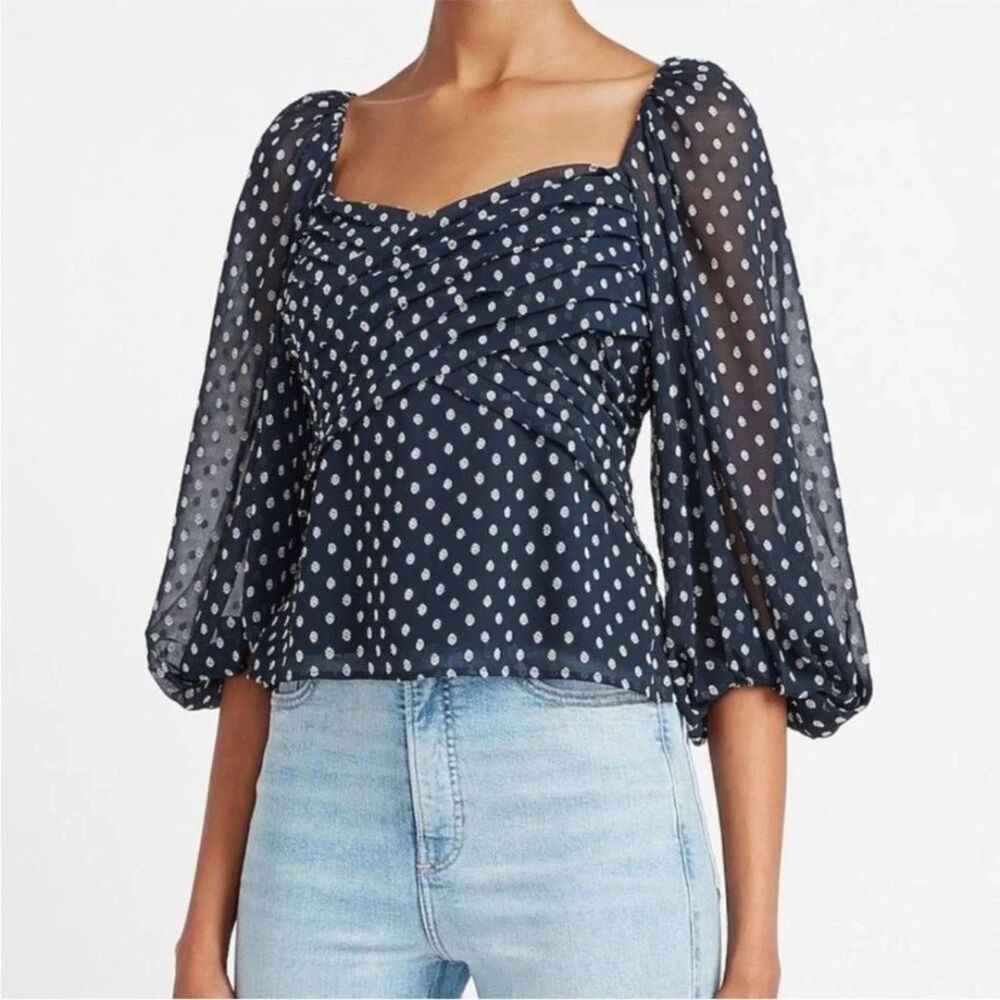 Express Navy Blue White Clip Dot Sweetheart Balloon Sleeve Ruched Blouse Large